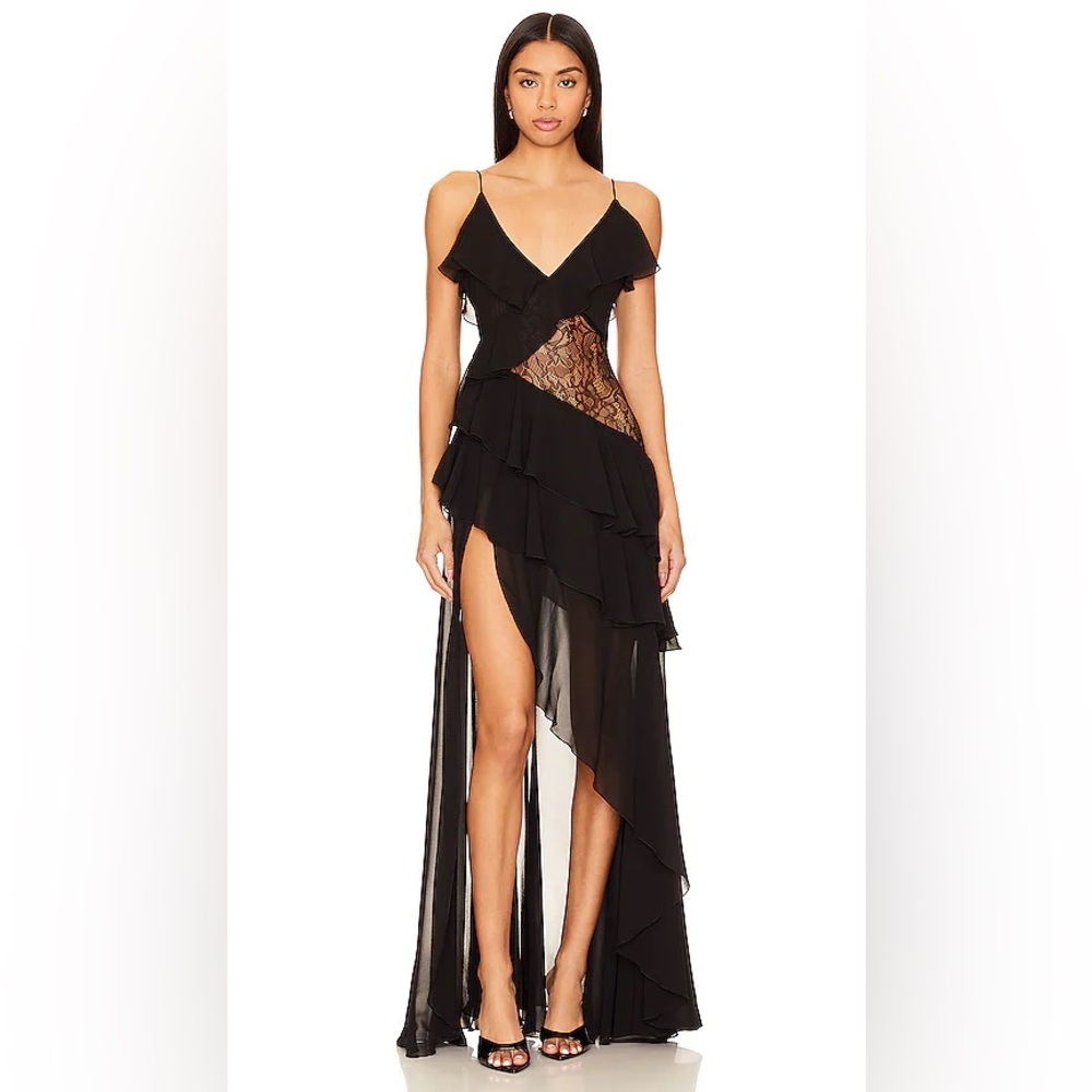 BNWT Ronny Kobo Luke M dress black ruffle tiered lace gown unworn